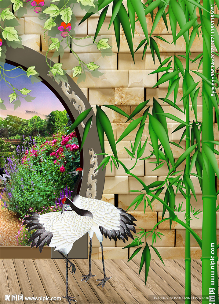 拱门仙鹤竹林立体玄关过道