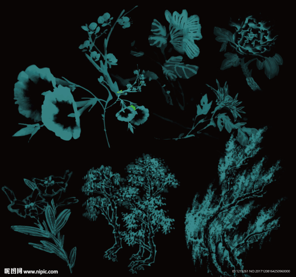 花草水墨画矢量图