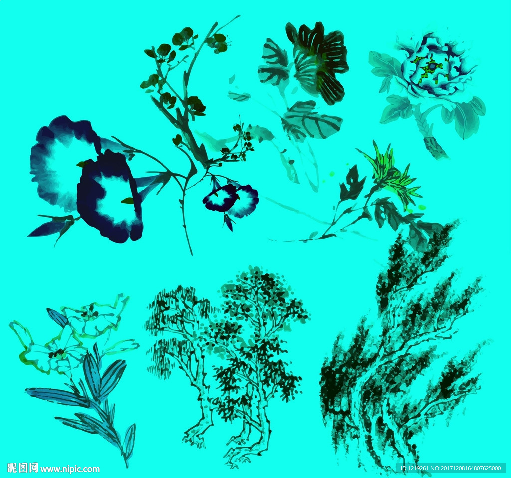 花草水墨画矢量图