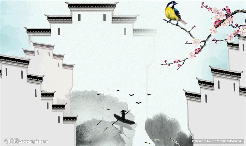 新中式马头墙山水花鸟背景墙