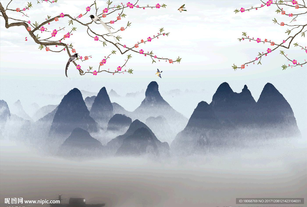 桂林山水桃花意境禅意新中式背景