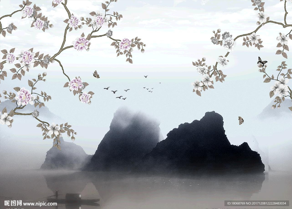 新中式简约山水湖泊花鸟背景墙