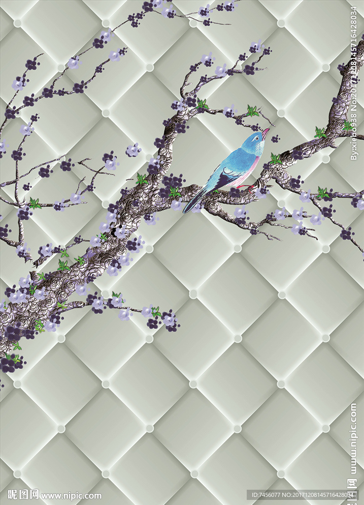 简约花枝小鸟立体软包玄关过道