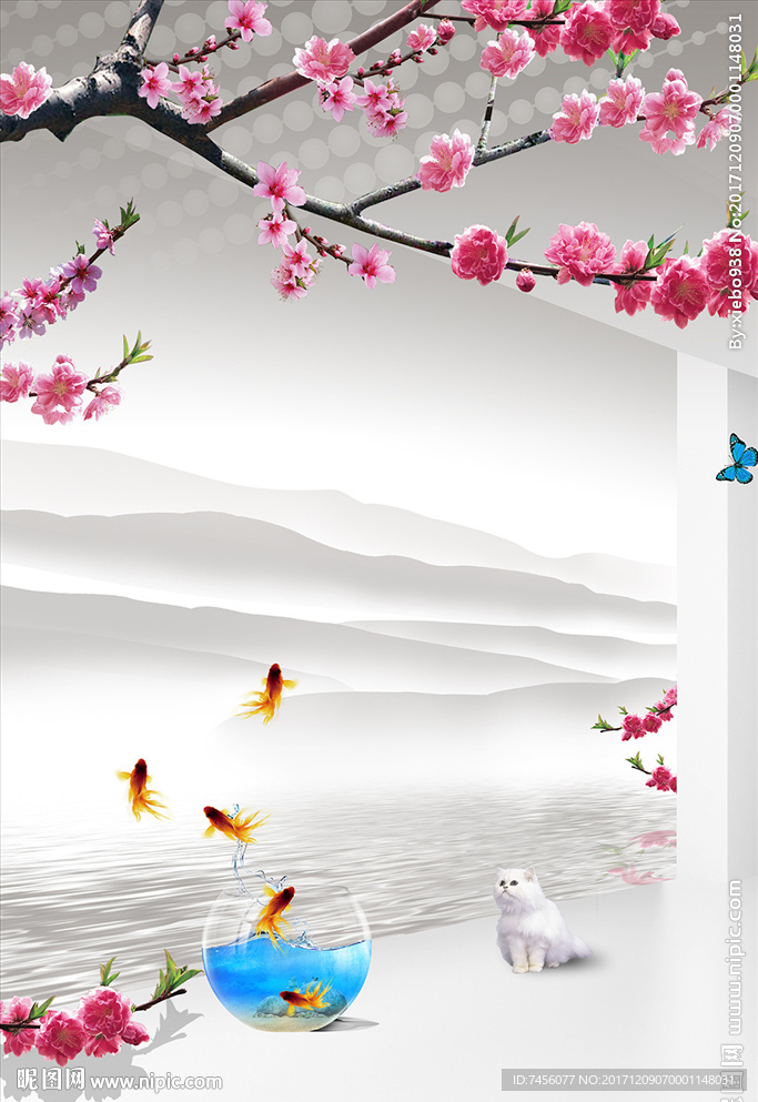 桃花枝金鱼立体玄关过道