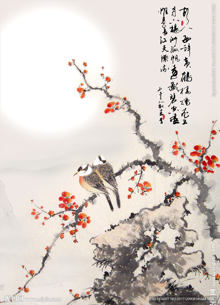 明月水墨花鸟中式玄关过道