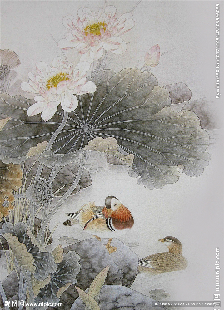 鸳鸯莲花国画水墨玄关过道
