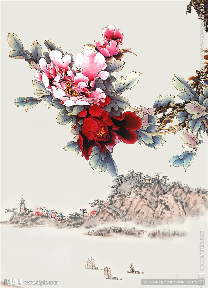 水墨牡丹花中式玄关过道