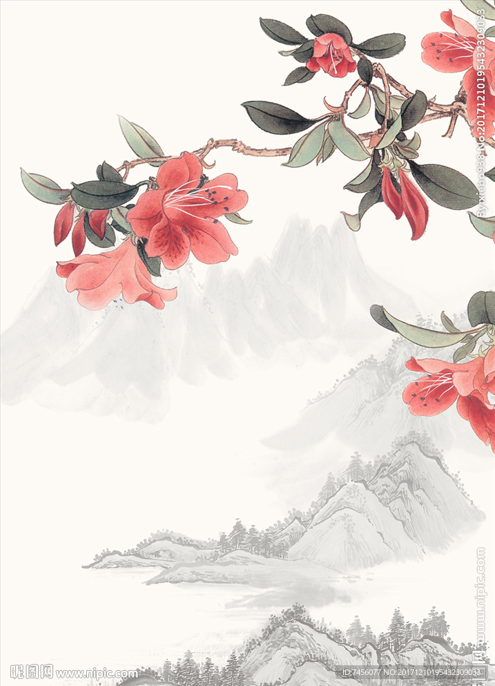 水墨中式花卉山脉玄关过道