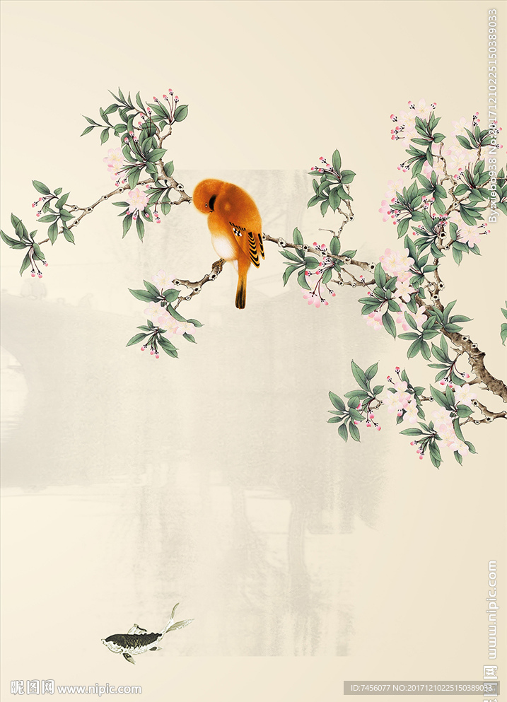 花鸟水墨国画玄关过道
