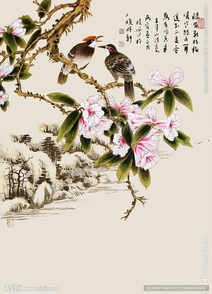 鸳鸯花鸟中式水墨玄关过道