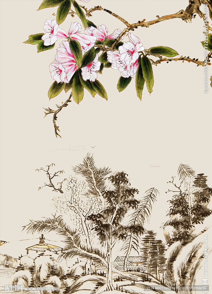 水墨花卉山脉中式玄关过道