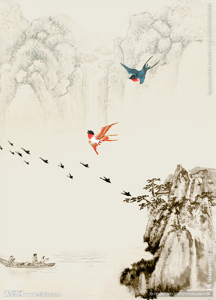 水墨山脉飞鸟中式玄关过道