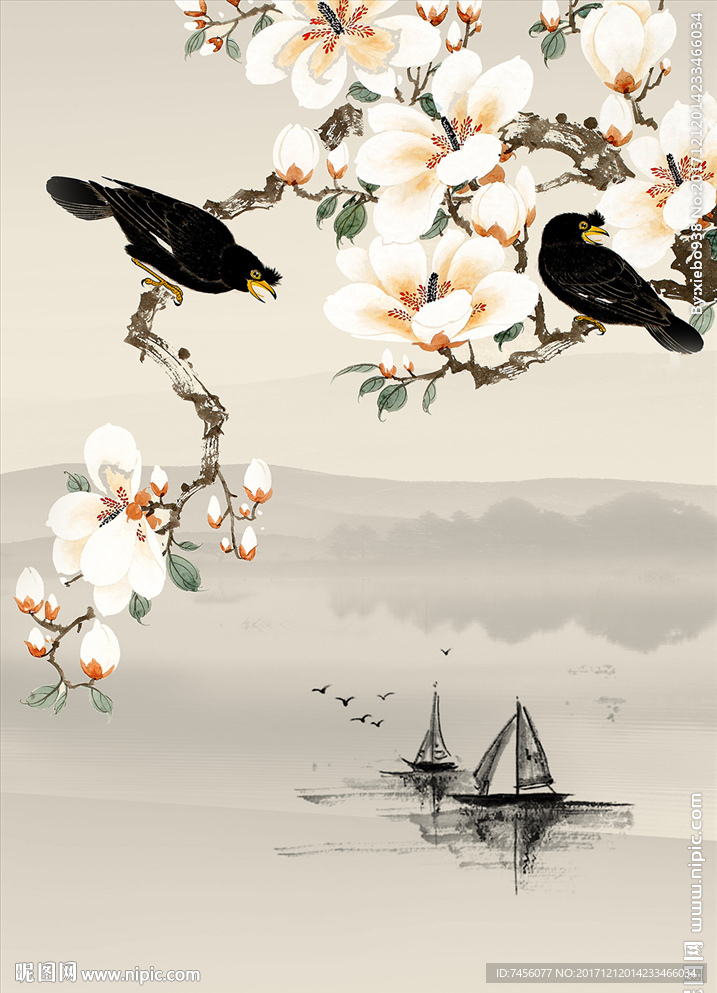 花鸟水墨风景画玄关过道