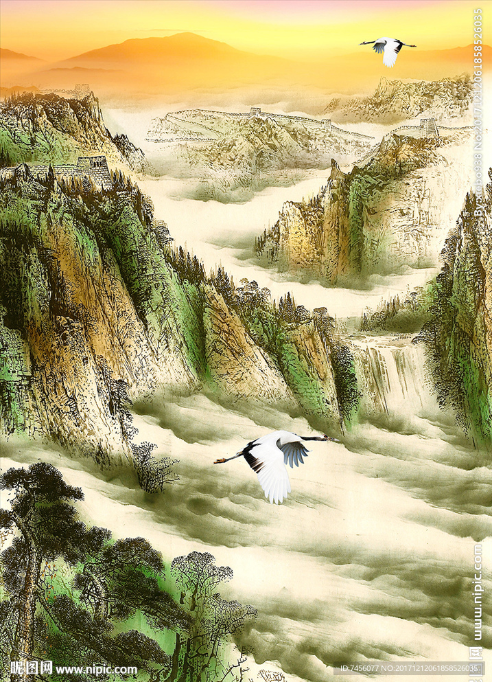 仙鹤水墨山脉高清玄关过道