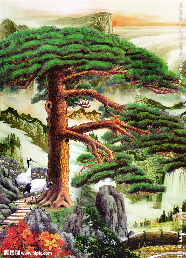 迎客松水墨中式玄关过道图片