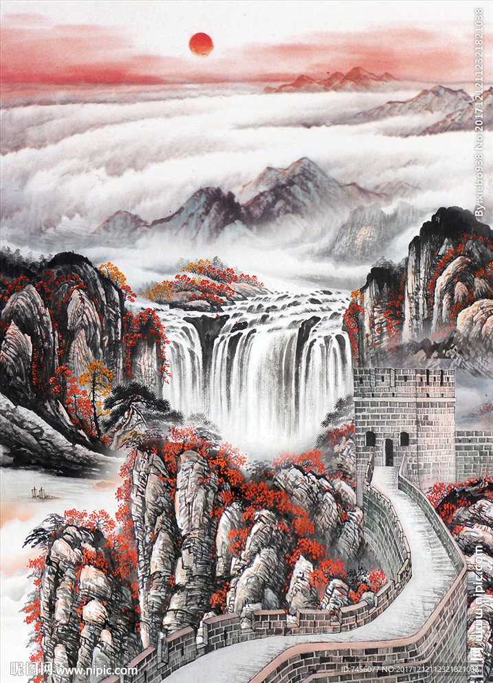 瀑布长城水墨中式玄关过道