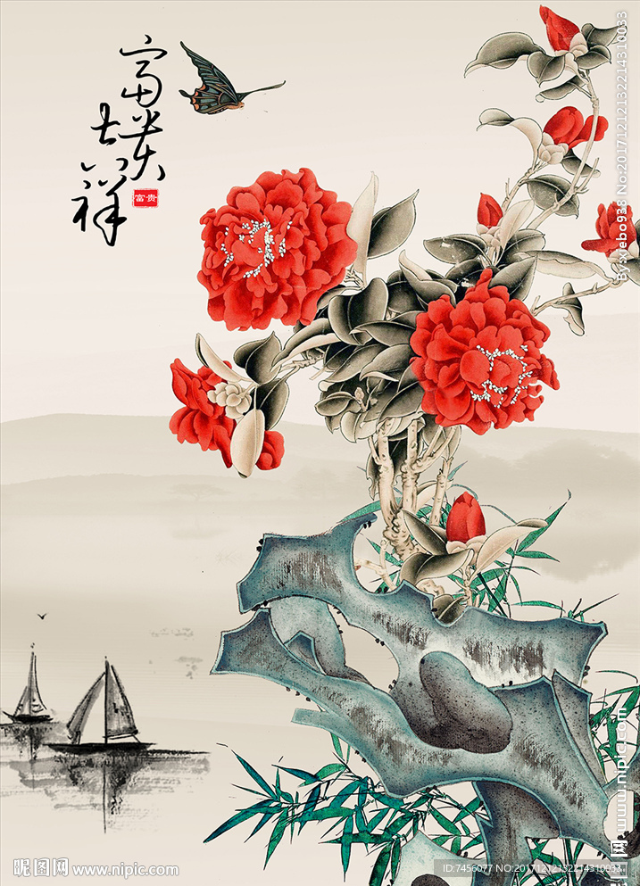 蝶恋花水墨花卉中式玄关过道