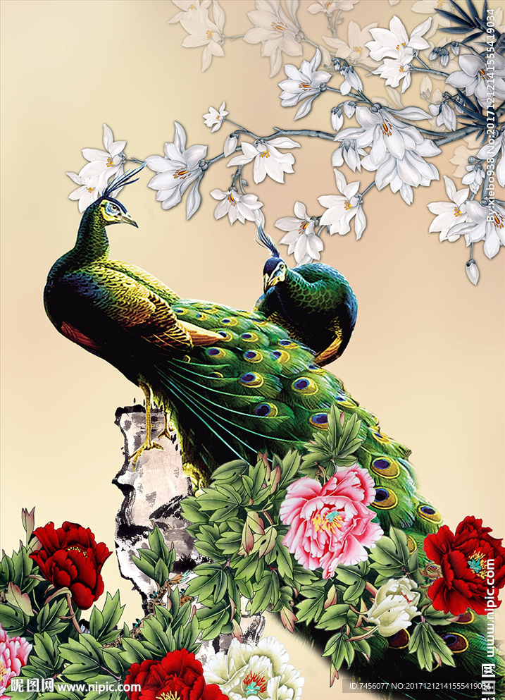 孔雀花鸟水墨中式玄关过道