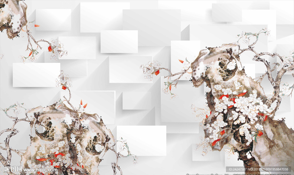 工笔梅花中式背景墙