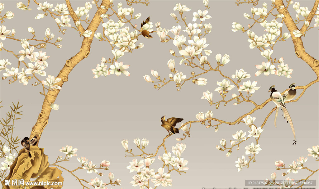 工笔花鸟电视背景墙