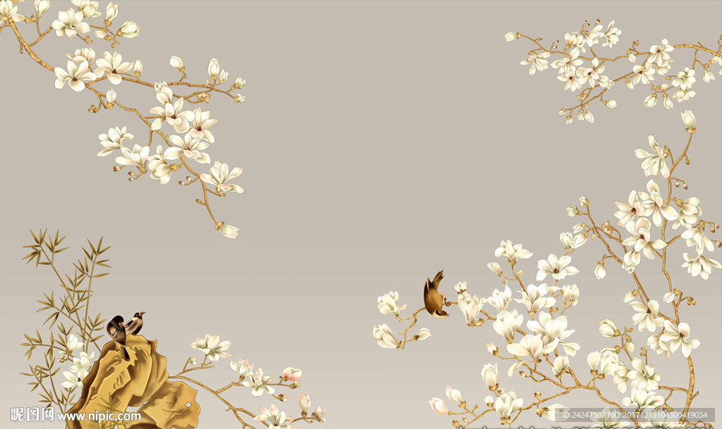 中式花鸟电视墙