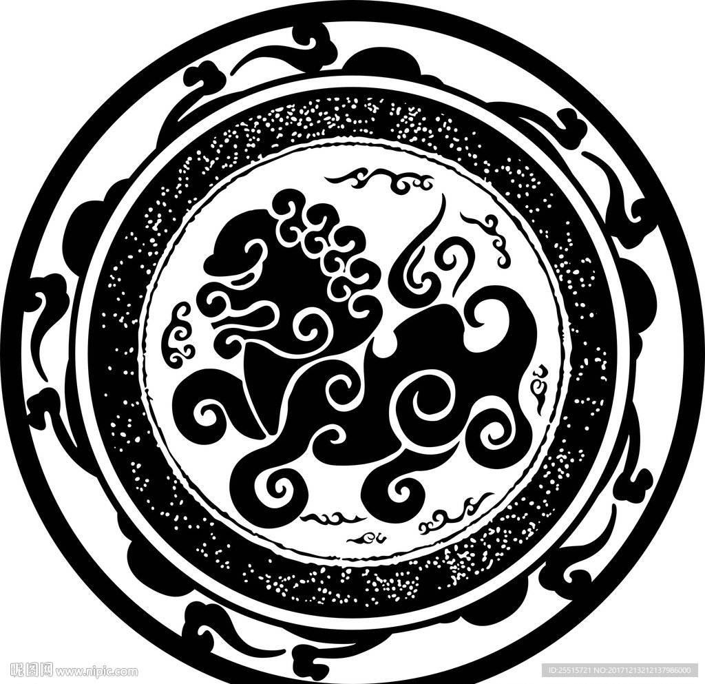 圆型古狮子雕刻花纹