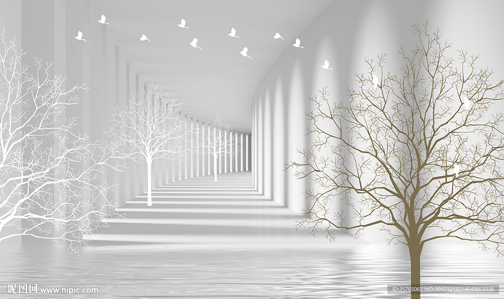 简约小树小鸟3D空间电视背景墙