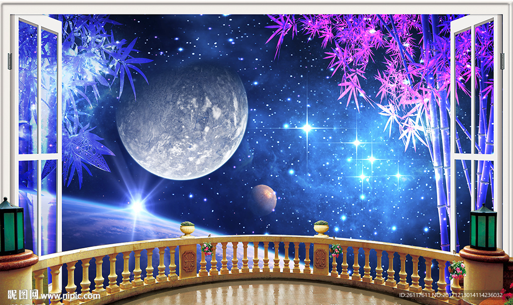 窗外梦幻星空竹子电视背景墙