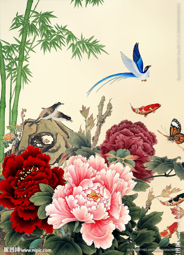 花鸟牡丹花竹子中式玄关过道
