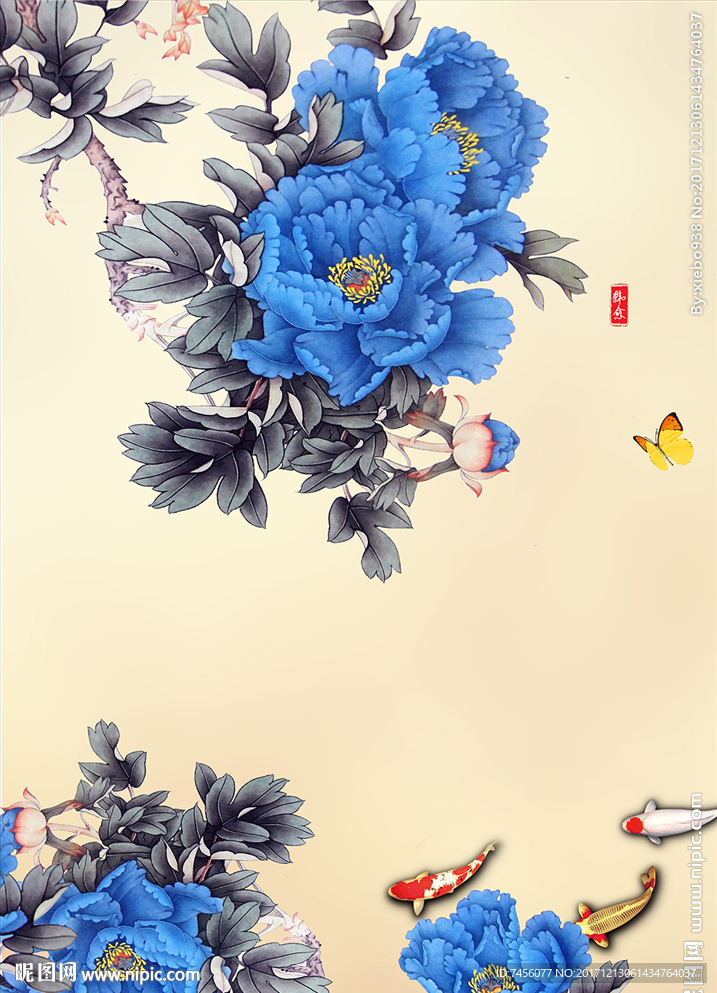 牡丹花游鱼中式玄关过道
