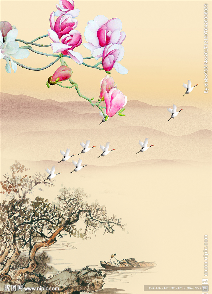 仙鹤兰花水墨中式玄关过道