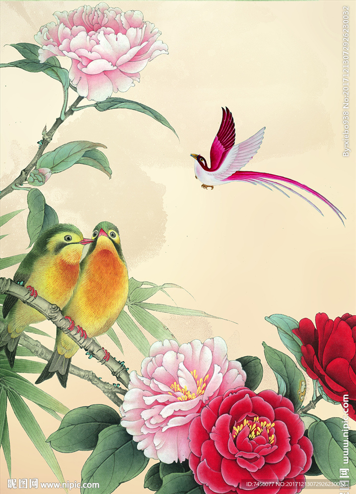 花鸟牡丹花水墨中式玄关过道