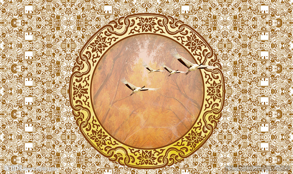 现代花纹仙鹤电视背景墙