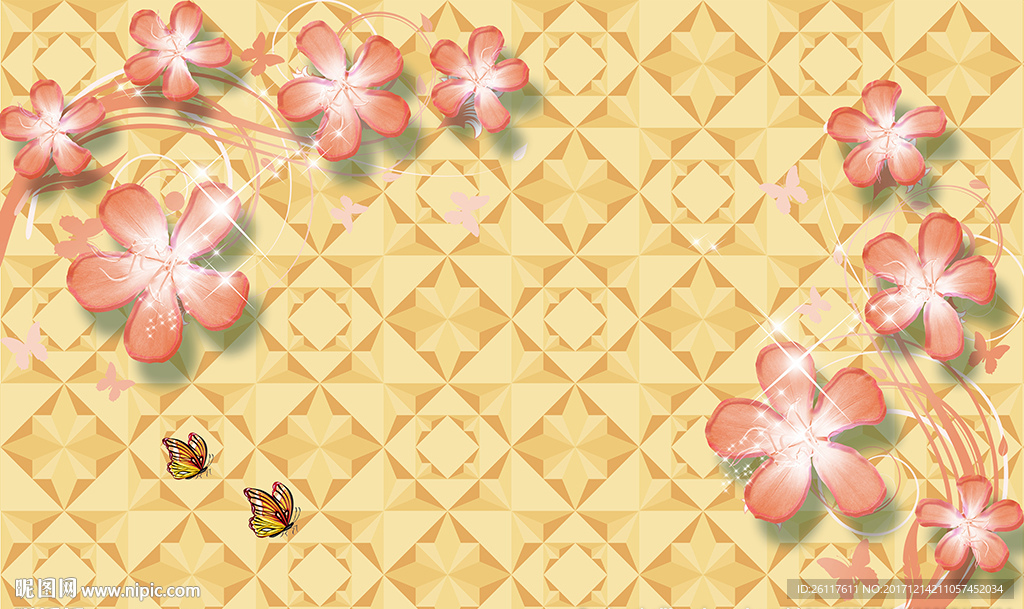 现代花卉蝴蝶黄金软包电视背景墙