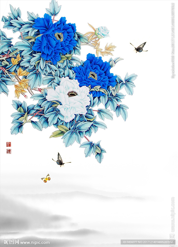 蝶恋蓝色牡丹花水墨玄关过道