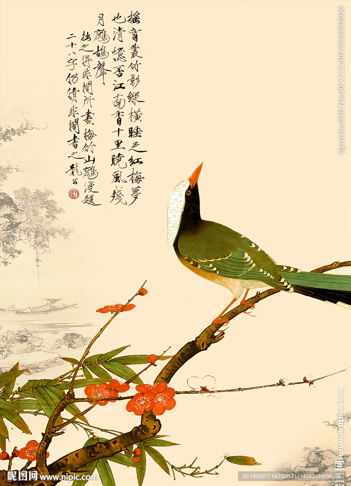 求偶水墨花鸟中式玄关过道