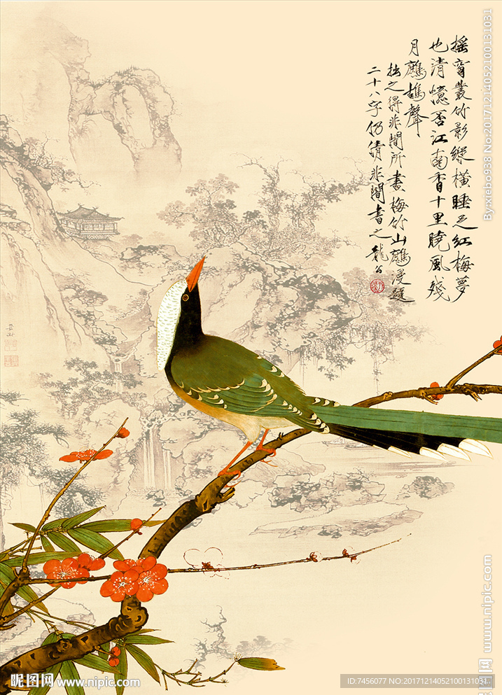 国画枝头飞鸟中式玄关过道