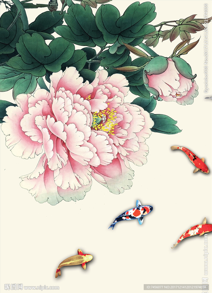 牡丹花游鱼中式玄关过道