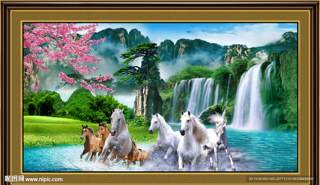 山水风景 八骏图