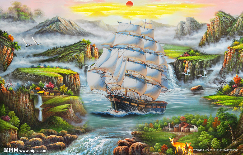一帆风顺背景墙油画