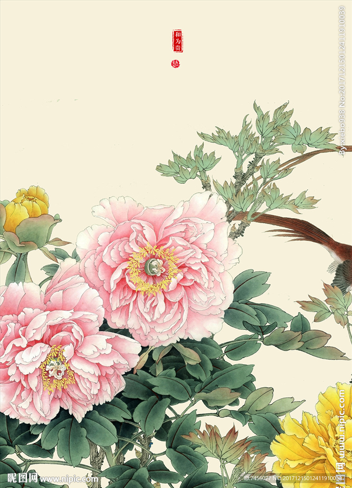 国画牡丹花中式玄关过道