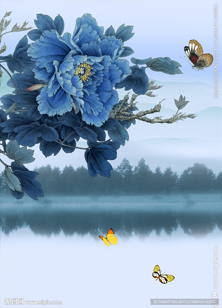 蝶恋蓝色牡丹花水墨中式玄关过道