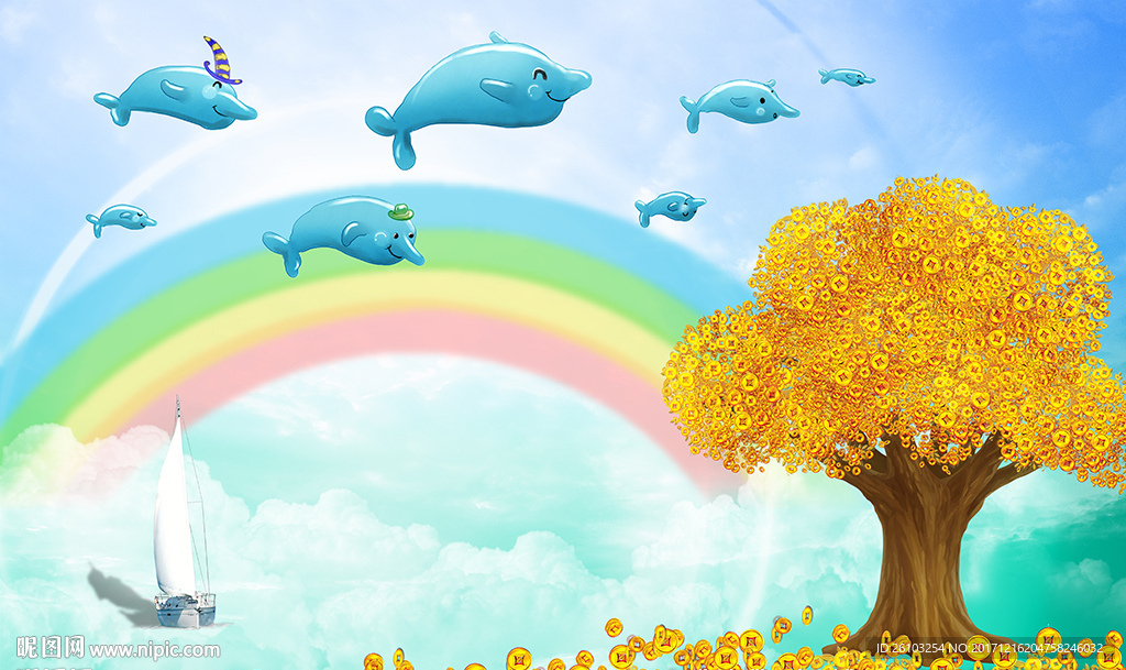 儿童卡通彩虹海豚黄金树电视背景