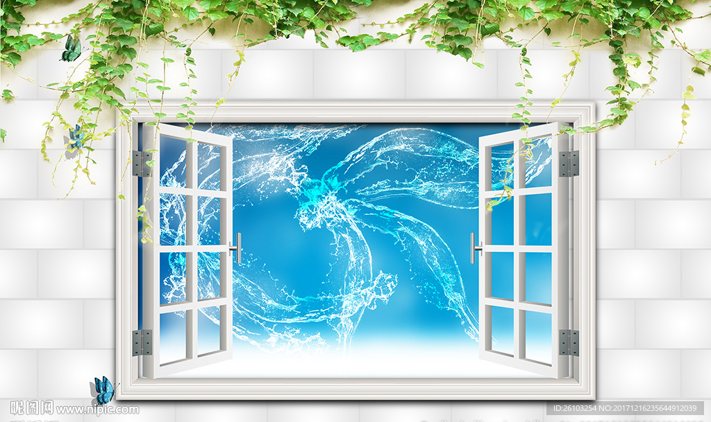 3D窗外花藤梦幻水花电视背景墙