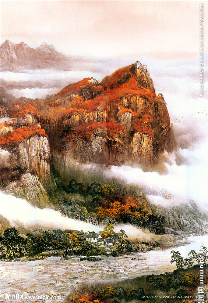 巍峨山脉水墨中式玄关过道