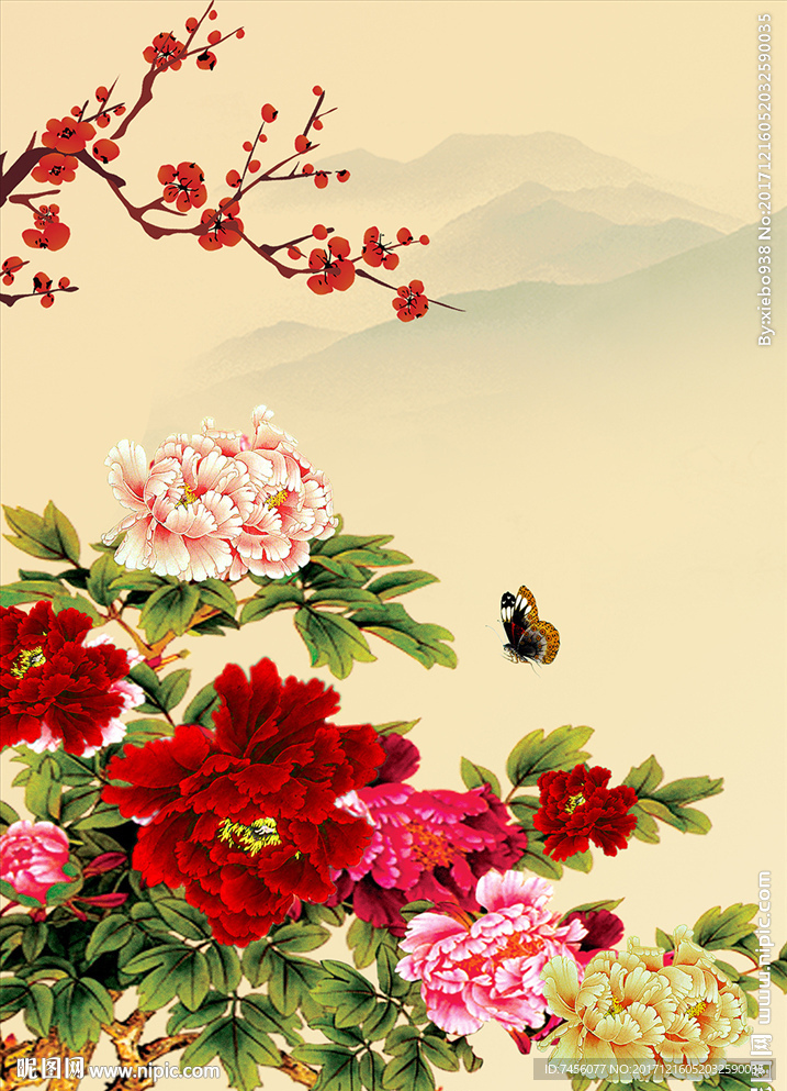 蝶恋牡丹花国画玄关过道