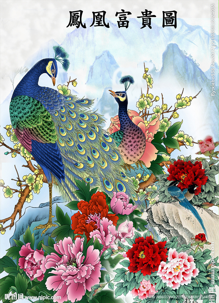 孔雀牡丹花水墨中式玄关过道