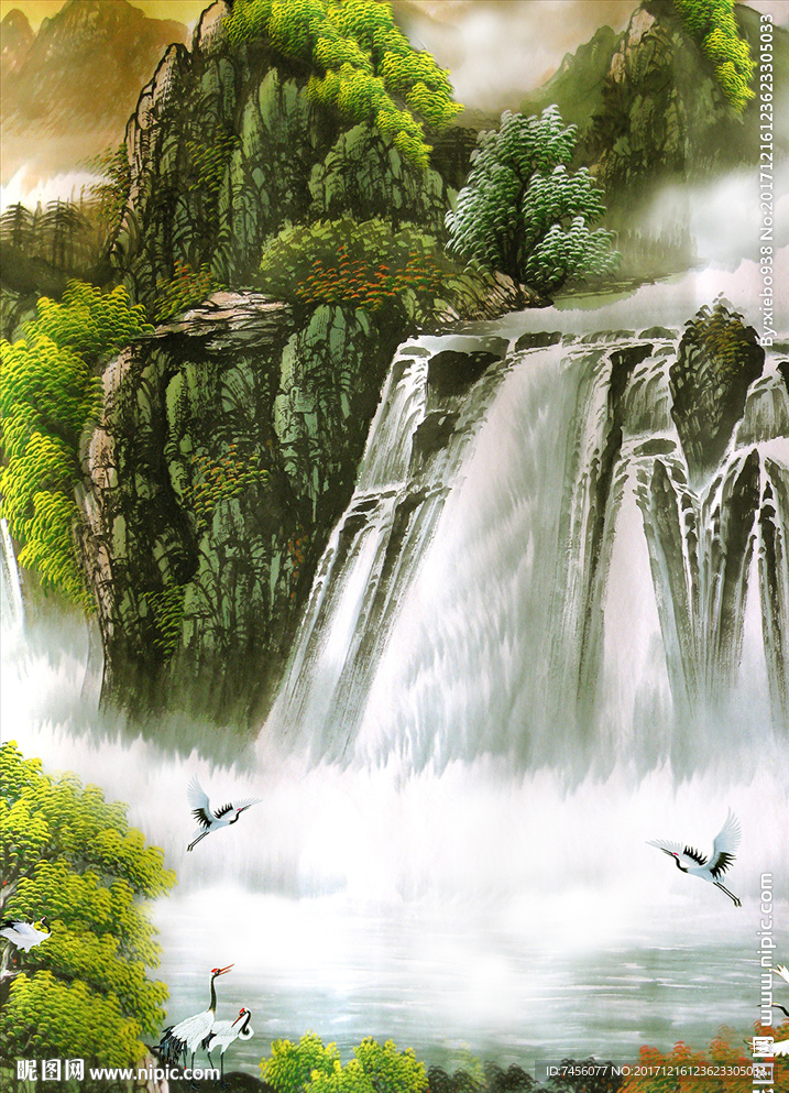仙鹤瀑布流水风景画玄关过道