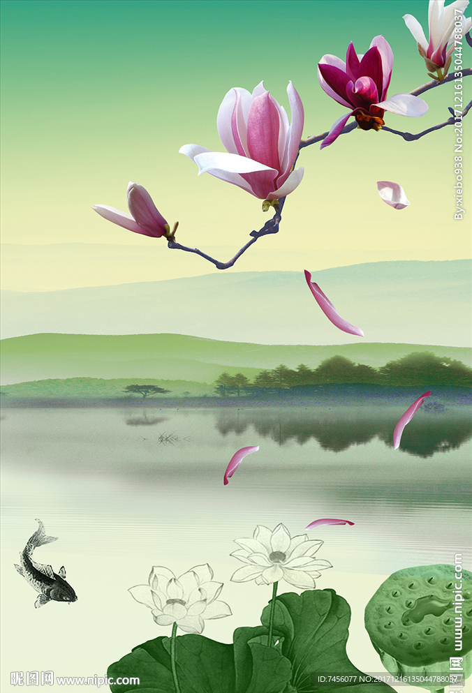 飘花水墨莲花风景画玄关过道