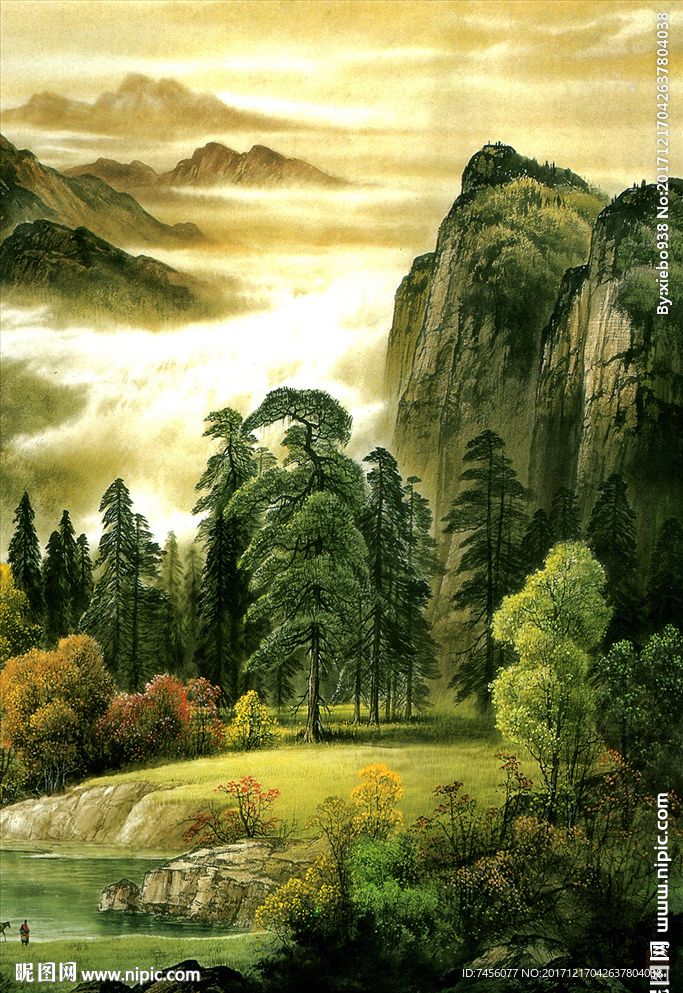 青山碧水工笔画玄关过道